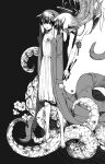  2girls alternate_costume angry_num barefoot black_background coat crazy_eyes dress dual_persona flat_chest flower greyscale halo highres hololive hololive_english hood jewelry long_hair monochrome multiple_girls necklace ninomae_ina&#039;nis sleeveless sleeveless_dress tentacles very_long_hair 