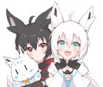  2girls :d ahoge animal_ear_fluff animal_ears bangs black_hair blush closed_mouth commentary dark_persona eyebrows_visible_through_hair fox_ears fox_girl green_eyes hair_between_eyes highres hololive hood hood_down kurokami_fubuki long_sleeves multiple_girls open_mouth red_eyes shirakami_fubuki simple_background sleeves_past_fingers sleeves_past_wrists smile sukonbu_(shirakami_fubuki) uchukurage_san upper_body virtual_youtuber white_background white_hair 