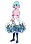  1girl aqua_eyes aqua_hair full_body gradient_hair leaf looking_at_viewer meyoco multicolored_hair original own_hands_together pink_hair pink_shirt shirt short_hair short_sleeves simple_background solo standing traditional_media white_background 