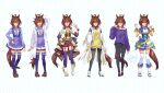  1girl agnes_tachyon_(umamusume) ahoge animal_ears bangs boots bow breasts brown_hair closed_eyes closed_mouth commentary_request common_race_outfit_(umamusume) denim flying_sweatdrops full_body garter_straps glorious_azure_costume_(umamusume) gloves hair_between_eyes hand_on_hip hexagon hexagon_background high_heels highres horse_ears horse_girl horse_tail jeans loafers long_sleeves medium_breasts medium_hair miniskirt multiple_views navel off-shoulder_sweater off_shoulder ogino_atsuki open_mouth pants pleated_skirt purple_sweater raised_eyebrows red_eyes school_uniform serafuku shoes short_sleeves signature skirt sleeves_past_fingers sleeves_past_wrists smile standing sweater tail thigh-highs tracen_school_uniform twitter_username umamusume v-shaped_eyebrows white_bow white_legwear wrist_cuffs yawning 