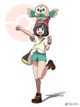  1girl :d absurdres artist_name bangs beanie black_hair boots clenched_hands collarbone commentary_request eyelashes green_shorts grey_eyes hat highres leg_up on_head open_mouth outstretched_arm poke_ball_symbol pokemon pokemon_(creature) pokemon_(game) pokemon_on_head pokemon_sm red_headwear rowlet selene_(pokemon) shirt short_hair short_shorts short_sleeves shorts smile standing standing_on_one_leg teru_zeta tied_shirt tongue upper_teeth yellow_shirt 