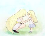  2girls adjusting_neckwear bangs blonde_hair blush_stickers brown_footwear chiimako closed_mouth collared_dress commentary_request dress eyelashes from_side green_eyes grey_footwear lillie_(pokemon) long_hair lusamine_(pokemon) mother_and_daughter multiple_girls pokemon pokemon_(game) pokemon_sm shoes sleeveless sleeveless_dress smile socks squatting white_dress white_legwear younger 