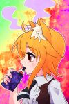  1girl animal_ear_fluff animal_ears asymmetrical_hair bangs black_neckwear blonde_hair brown_vest collared_shirt commentary_request cookie_(touhou) electronic_cigarette eyebrows_visible_through_hair fox_ears fox_girl medium_hair miramikaru_riran multicolored multicolored_background necktie open_mouth profile red_eyes shirt short_sleeves sidelocks solo upper_body vaping vest white_shirt yan_pai 