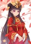 1girl absurdres azur_lane black_hair chinese_clothes ct.ender double_bun dress gold_trim headpiece highres long_hair official_alternate_costume petals red_dress smile solo string string_of_fate very_long_hair violet_eyes wide_sleeves yat_sen_(azur_lane) yat_sen_(coronal_afterglow)_(azur_lane) 