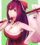  1girl absurdres bag bangs bell breasts christmas closed_eyes eyebrows_behind_hair fate/grand_order fate_(series) gift_bag hair_between_eyes hat highres holding holding_lance holding_polearm holding_weapon ichi_yoshida lance large_breasts long_hair polearm purple_hair red_eyes santa_costume santa_hat scathach_(fate) scathach_(fate)_(all) smile solo sweater upper_body weapon 