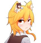  &gt;_&lt; 2girls ahoge animal_ear_fluff animal_ears ascot asymmetrical_hair bangs blonde_hair bow brown_hair brown_vest closed_mouth collared_shirt commentary_request cookie_(touhou) detached_sleeves dress eyebrows_visible_through_hair fox_ears fox_girl hair_between_eyes hakurei_reimu highres looking_at_another medium_hair minigirl miramikaru_riran multiple_girls red_bow red_dress red_eyes ribbon-trimmed_sleeves ribbon_trim sakenomi_(cookie) shirt sidelocks simple_background sleeves_past_fingers sleeves_past_wrists sweatdrop touhou triangle_mouth upper_body vest white_background white_shirt white_sleeves yan_pai yellow_neckwear 