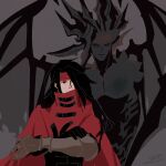  00323z black_hair cloak covered_mouth demon demon_wings dirge_of_cerberus_final_fantasy_vii final_fantasy final_fantasy_vii gauntlets gloves headband long_hair looking_to_the_side red_eyes smile vincent_valentine wings 
