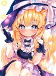  1girl :/ \||/ animal_ears apron bangs black_bow black_dress black_gloves black_headwear black_neckwear blonde_hair blue_eyes blush bow bowtie breasts cat_ears cat_tail closed_mouth commentary_request dress eyebrows_visible_through_hair feet_out_of_frame fingerless_gloves frills gloves hair_bow hair_ribbon hand_on_headwear hands_up hat hat_bow kemonomimi_mode kirisame_marisa legs_together long_hair looking_at_viewer marker_(medium) medium_breasts moni_monico ribbon sidelocks simple_background sitting solo star_(symbol) tail touhou traditional_media tress_ribbon very_long_hair waist_apron white_apron white_background white_bow witch_hat 