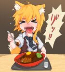  &gt;_&lt; 1girl animal_ear_fluff animal_ears bangs black_neckwear blonde_hair bowl brown_vest burnt_tongue closed_eyes collared_shirt commentary_request cookie_(touhou) curry egg_yolk food fox_ears fox_girl fox_tail holding holding_spoon medium_hair miramikaru_riran necktie open_mouth shirt short_sleeves sidelocks solo spoon tail tongue tongue_out tonkatsu translation_request tray upper_body vest white_shirt yan_pai 