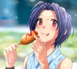  1girl :t blue_hair blue_shirt blurry blurry_background blush collared_shirt corn_dog eating food food_on_face hanamasa_ono highres idolmaster idolmaster_million_live! idolmaster_million_live!_theater_days light_particles looking_at_viewer miura_azusa red_eyes shirt short_hair sleeveless sleeveless_shirt solo upper_body watch 