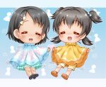  2girls :d =_= akagi_miria bangs black_footwear black_hair blue_bow blue_skirt bow brown_footwear bunny_hair_ornament closed_eyes eyebrows_visible_through_hair facing_viewer frilled_skirt frills hair_between_eyes hair_bow hair_ornament hairclip idolmaster idolmaster_cinderella_girls low_twintails motion_lines multiple_girls open_mouth parted_bangs poncho regular_mow sandals sasaki_chie shoe_soles shoes short_hair shorts skirt smile twintails two_side_up yellow_shorts 