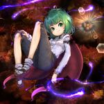  1girl antennae bangs black_cape black_shorts blush breasts brown_background brown_footwear cape closed_mouth collared_shirt commentary full_body green_eyes green_hair highres looking_at_viewer mary_janes misoup99916 red_cape shirt shoes short_hair shorts small_breasts smile socks solo touhou two-sided_cape two-sided_fabric white_legwear white_shirt wriggle_nightbug 