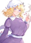  1girl bangs blonde_hair breasts buttons dress eyebrows_visible_through_hair frilled_shirt_collar frills gap_(touhou) hair_between_eyes hand_up hat highres juliet_sleeves kaede_(mmkeyy) large_breasts long_sleeves looking_at_viewer maribel_hearn medium_hair mob_cap parted_lips puffy_sleeves purple_dress sash simple_background solo touhou upper_body violet_eyes white_background white_headwear white_sash 