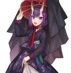  1girl bangs blush bob_cut breasts eyeliner fate/grand_order fate_(series) hanbok headpiece highres horns korean_clothes long_sleeves looking_at_viewer makeup oni oni_horns open_mouth purple_hair short_hair shuten_douji_(fate) skin-covered_horns small_breasts smile solo sookmo violet_eyes 
