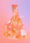  1girl absurdres aqua_ribbon bangs brown_hair closed_eyes dress full_body gradient gradient_background hair_bun hair_ribbon highres meyoco orange_dress original pink_background profile purple_background ribbon sleeveless sleeveless_dress solo standing 