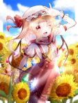  1girl :d adapted_costume arm_up ascot bangs blonde_hair blurry blurry_foreground boppaku_tama bow breasts center_frills clouds cloudy_sky commentary_request contrapposto cowboy_shot day depth_of_field dress eyebrows_visible_through_hair fang field flandre_scarlet flower flower_field frills hair_between_eyes hat hat_bow lens_flare light_rays looking_at_viewer medium_hair mob_cap one_eye_closed one_side_up open_mouth outdoors pillarboxed pointy_ears puffy_short_sleeves puffy_sleeves red_bow red_dress red_eyes short_sleeves signature sky small_breasts smile solo sunflower touhou white_headwear wrist_cuffs yellow_flower yellow_neckwear 