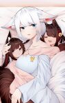  3girls :o absurdres akagi-chan_(azur_lane) alternate_costume amagi-chan_(azur_lane) animal_ears archery azur_lane bangs bed_sheet bell black_hair blue_eyes blunt_bangs brown_hair closed_eyes collarbone commentary_request ear_down english_text eyebrows_visible_through_hair fox_ears fox_girl fox_print fox_tail hair_bell hair_between_eyes hair_ornament hair_ribbon hairband headpat height_difference highres hug hug_from_behind kaga_(azur_lane) kyuudou long_hair looking_at_viewer lying multiple_girls on_side pajamas parted_lips ribbon samip short_hair sidelocks size_difference sleeping sleepover tail thick_eyebrows twintails violet_eyes white_hair wide-eyed 