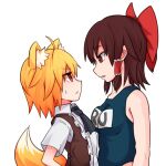  ahoge animal_ear_fluff animal_ears asymmetrical_docking bangs black_neckwear blonde_hair bow breast_press breasts brown_eyes brown_hair brown_skirt brown_vest closed_mouth collared_shirt commentary_request cookie_(touhou) eyebrows_visible_through_hair fox_ears fox_girl fox_tail frilled_hair_tubes frills hair_between_eyes hair_bow hair_tubes hakurei_reimu looking_at_another medium_breasts medium_hair miramikaru_riran necktie open_mouth red_eyes reu_(cookie) school_swimsuit shirt short_sleeves simple_background skirt swimsuit tail touhou upper_body vest white_background white_shirt yan_pai 