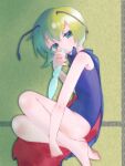  1girl alternate_costume antennae bangs barefoot black_cape blue_swimsuit cape commentary full_body green_eyes green_hair kari_(atsuki_565) looking_at_viewer lying on_floor on_side one-piece_swimsuit red_cape short_hair solo swimsuit tatami touhou two-sided_cape two-sided_fabric wriggle_nightbug 