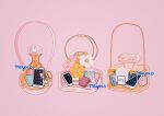  absurdres artist_name bag bottle cellphone commentary earphones earphones english_commentary flower highres label meyoco no_humans original perfume_bottle phone pink_background pink_flower shiny simple_background smartphone sparkle strap transparent white_flower yellow_flower 