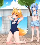  2girls ahoge alternate_costume animal_ear_fluff animal_ears armpits arms_up asymmetrical_hair bangs barefoot bikini blonde_hair blue_bikini blue_eyes blue_hair blue_sky blue_swimsuit blush bow breasts closed_mouth clouds cookie_(touhou) day eyebrows_visible_through_hair flower fox_ears fox_girl fox_tail full_body hair_between_eyes hair_bow hair_flower hair_ornament hands_in_hair highres kneeling looking_at_another medium_breasts medium_hair miramikaru_miran miramikaru_riran multiple_girls navel one-piece_swimsuit outdoors red_bow red_eyes sarong school_swimsuit sidelocks sky small_breasts smile standing swimsuit tail translation_request tree yan_pai yellow_flower 