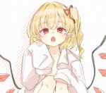  +_+ 1girl :o bangs blonde_hair collarbone crystal eyebrows_visible_through_hair fangs flandre_scarlet flat_chest floppy_sleeves hair_between_eyes hair_ribbon knees_up light_blush no_hat no_headwear one_side_up open_clothes open_shirt paragasu_(parags112) pointy_ears red_eyes red_ribbon ribbon shirt short_hair simple_background sitting sleeves_past_fingers sleeves_past_wrists solo teeth touhou upper_body white_background white_shirt wings 