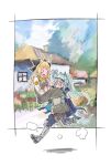  2girls animal_ears arknights black_headwear blonde_hair blue_coat blue_gloves blue_pants blush boots border brown_overalls carol_(arknights) carrying carrying_person coat commentary_request dust_cloud gloves grani_(arknights) grey_footwear grey_hair hair_between_eyes horse_ears house long_hair looking_at_another multiple_girls open_mouth outside_border pants pejoywine running shirt white_border white_shirt |_| 
