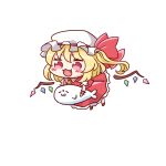  1girl :3 :d ajitsuki ascot bangs blonde_hair blush_stickers bow chibi commentary_request crystal detached_wings eyebrows_visible_through_hair fang flandre_scarlet full_body hair_between_eyes hat hat_bow mob_cap one_side_up open_mouth red_bow red_eyes red_skirt red_vest skirt smile solo touhou vest white_headwear wings wrist_cuffs yellow_neckwear 