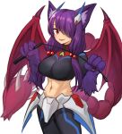  1girl :d animal_ears animal_hands bangs breasts claws commentary crop_top english_commentary hair_bobbles hair_ornament hair_over_one_eye highres long_hair looking_at_viewer manticore_(monster_girl_encyclopedia) medium_breasts midriff monster_girl monster_girl_encyclopedia navel open_mouth original purple_hair red_eyes reri_(elh) riding_crop smile solo sookmo tail wings 