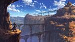  1girl blue_sky bridge brown_hair cliff clouds den_dengaku dress gloves hairband highres long_hair purple_dress scenery sky solo virginia_maxwell wild_arms wild_arms:_million_memories wild_arms_3 