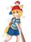  1girl @_@ animal_ears asymmetrical_hair backpack bag bangs baseball_bat baseball_cap blonde_hair blue_shirt blue_shorts commentary_request cookie_(touhou) cosplay eyebrows_visible_through_hair fang feet_out_of_frame fox_ears fox_girl fox_tail hair_between_eyes hat highres looking_to_the_side medium_hair miramikaru_riran mother_(game) mother_2 mouth_drool mushroom_on_head ness_(mother_2) ness_(mother_2)_(cosplay) open_mouth red_eyes red_headwear shirt short_hair shorts sidelocks simple_background socks striped striped_shirt t-shirt tail white_background white_legwear yan_pai yellow_shirt 