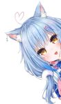  1girl absurdres ahoge animal_ear_fluff animal_ears bangs blue_hair blush cat_ears commentary_request ear_piercing eyebrows_visible_through_hair eyes_visible_through_hair hair_ornament hairclip hand_up heart_ahoge highres hololive kohe_billialot long_hair long_sleeves looking_at_viewer multicolored_hair open_mouth peeking_out piercing pom_pom_(clothes) pom_pom_hair_ornament simple_background solo streaked_hair virtual_youtuber white_background yellow_eyes yukihana_lamy 