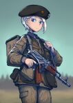  1girl backpack bag beret breasts erica_(naze1940) grey_eyes gun hat highres holding holding_gun holding_weapon looking_at_viewer military military_uniform original short_hair solo uniform weapon white_hair 