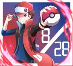 1boy backpack bag baseball_cap black_shirt border bright_pupils brown_hair closed_mouth coat commentary_request energy hand_on_headwear hat highres holding holding_poke_ball kooeiatd111020 looking_at_viewer male_focus open_clothes open_coat outstretched_arm poke_ball poke_ball_(basic) pokemon pokemon_(game) pokemon_masters_ex red_(pokemon) red_coat red_headwear shirt short_hair sleeveless_coat sleeves_past_elbows solo spiky_hair violet_eyes white_border white_pupils 