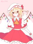  1girl :/ absurdres artist_name ascot bangs blonde_hair blush bow closed_mouth commentary_request crystal dress expressionless eyebrows_visible_through_hair feet_out_of_frame flandre_scarlet flat_chest frilled_shirt_collar frills hair_between_eyes hat hat_bow highres light_blush medium_hair mob_cap one_side_up orange_neckwear petticoat pink_background puffy_short_sleeves puffy_sleeves red_bow red_dress red_eyes red_skirt rogu_(ndmd8773) short_sleeves simple_background skirt solo touhou white_headwear wings wrist_cuffs 
