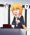  1girl ? ?? ahoge alternate_costume animal_ear_fluff animal_ears asymmetrical_hair bangs black_shirt black_skirt blonde_hair commentary_request cookie_(touhou) cowboy_shot eyebrows_visible_through_hair fox_ears fox_girl fox_tail highres long_sleeves medium_hair miramikaru_riran open_mouth red_eyes scared shirt sidelocks skirt smoke solo sweat tail yan_pai 