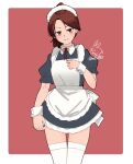  1girl alternate_costume apron artist_logo black_dress border brown_eyes brown_hair commentary_request cowboy_shot dated dress enmaided frilled_apron frills highres kantai_collection looking_at_viewer maid maid_apron maid_headdress mochizou one-hour_drawing_challenge ponytail shikinami_(kancolle) short_hair solo string_tie thigh-highs twitter_username two-tone_background white_apron white_border white_legwear wrist_cuffs 