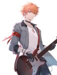  1boy armband bangs belt black_collar black_gloves black_pants collar earrings electric_guitar genshin_impact gloves grey_jacket guitar half_gloves highres holding holding_instrument instrument jacket jewelry kokunen_aoteci looking_at_viewer male_focus necklace open_clothes open_jacket orange_hair pants parted_lips red_armband shirt short_hair single_earring solo sweat tartaglia_(genshin_impact) white_background white_shirt wristband 