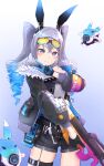  1girl absurdres animal_ears bangs black_gloves black_jacket black_shorts bronya_zaychik bronya_zaychik_(haxxor_bunny) bullpup closed_mouth drill_hair drone eyewear_on_head fur-trimmed_jacket fur_trim gloves grey_eyes grey_hair gun hair_between_eyes highres holding holding_gun holding_weapon honkai_(series) honkai_impact_3rd jacket long_hair long_sleeves looking_at_viewer p90 rabbit_ears shorts smile solo submachine_gun twin_drills v weapon yang1413 