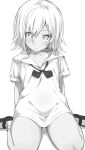  1girl absurdres bow bowtie character_request collarbone copyright_request expressionless eyebrows_visible_through_hair fankupl highres long_shirt looking_at_viewer loose_bowtie mary_janes monochrome sailor_collar seiza shirt shoes short_hair sitting sketch socks solo spaghetti_strap t-shirt tan tanlines 