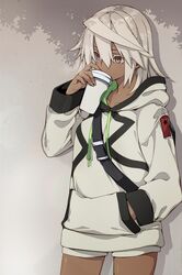  10mo 1girl alternate_costume bangs breasts brown_eyes cup dark-skinned_female dark_skin disposable_cup guilty_gear hair_between_eyes hand_in_pocket highres holding holding_cup hood hood_down hoodie long_hair long_sleeves ramlethal_valentine shorts sidelocks sipping solo white_hair white_shorts 