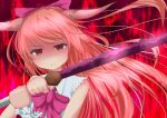  1girl bangs bow bowtie closed_mouth commentary_request cookie_(touhou) eyebrows_visible_through_hair hair_bow holding holding_sword holding_weapon ibuki_suika katana long_hair looking_at_viewer nokemono orange_hair red_background red_bow red_eyes red_neckwear shirt sleeveless sleeveless_shirt solo sword torn_clothes torn_sleeves touhou upper_body weapon white_shirt yamin_(cookie) 