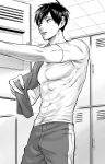  1boy abs absurdres black_hair greyscale highres indoors kuze_takeshi locker locker_room male_focus monochrome omota_uramichi pants shirt short_hair solo standing sweat t-shirt toned track_pants uramichi_onii-san 