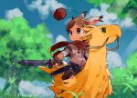  1boy animal_ears blue_eyes blue_sky brown_hair closed_mouth clouds cloudy_sky commentary green_eyes highres light_rays looking_to_the_side original outdoors rabbit_ears scarf sky solo_focus sunbeam sunlight sword sword_hilt thebrushking tree weapon yellow_feathers 