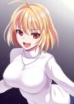  1girl :d antenna_hair arcueid_brunestud bangs blonde_hair blush breasts commentary_request dan_(orange_train) eyebrows_visible_through_hair gradient gradient_background grey_background jewelry large_breasts leaning_forward light_particles long_sleeves necklace open_mouth red_eyes short_hair sidelocks smile solo standing sweater tongue tsukihime tsukihime_(remake) turtleneck turtleneck_sweater upper_body upper_teeth white_sweater 