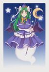  1girl bangs blue_capelet blue_skirt blue_vest bow breasts buttons capelet crescent demon_wings frilled_sleeves frilled_vest frills full_body ghost_tail green_eyes green_hair hat highres large_breasts long_hair long_sleeves milll_77 mima_(touhou) moon one_eye_closed parted_bangs ribbon shirt skirt staff star_(symbol) string sun_print touhou touhou_(pc-98) vest white_ribbon white_shirt wings wizard_hat yellow_bow yellow_neckwear 