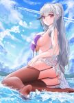  1girl absurdres aircraft airplane ass azur_lane bikini black_legwear blue_sky braid breasts crown_braid dunkerque_(azur_lane) dunkerque_(summer_sucre)_(azur_lane) eyebrows_visible_through_hair front-tie_bikini front-tie_top garter_straps grey_hair highres large_breasts long_hair looking_at_viewer official_alternate_costume outdoors purple_bikini see-through sky solo swimsuit thigh-highs thighs untied untied_bikini violet_eyes water way666666 wet wet_clothes 
