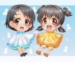  2girls :d akagi_miria bangs black_footwear black_hair blue_bow blue_skirt bow brown_eyes brown_footwear bunny_hair_ornament chibi eyebrows_visible_through_hair frilled_skirt frills grey_eyes hair_between_eyes hair_bow hair_ornament hairclip idolmaster idolmaster_cinderella_girls looking_at_viewer low_twintails multiple_girls open_mouth parted_bangs poncho regular_mow sandals sasaki_chie shoe_soles shoes short_hair shorts skirt smile twintails two_side_up yellow_shorts 