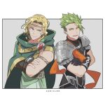  2boys absurdres achilles_(fate) achilles_(hades) armor black_gloves blonde_hair blue_eyes character_name cloak crossed_arms crossover fate/apocrypha fate_(series) gloves greek_clothes green_hair hades_(game) highres male_focus multiple_boys namesake open_mouth shoulder_armor smile tia_(cocorosso) yellow_eyes 