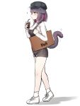  1girl absurdres animal_ears arknights bag black_headwear black_shorts blush breasts brown_bag cat_ears cat_girl cat_tail commentary cup from_side green_eyes hat highres holding holding_cup iced_tea jessica_(arknights) k0ng large_breasts motion_lines multicolored_hair pink_hair purple_hair shadow shirt shoes shopping_bag short_hair shorts simple_background socks solo streaked_hair suspender_shorts suspenders tail tail_raised walking white_background white_footwear white_legwear white_shirt 